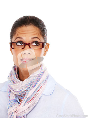 Image of Thinking, glasses and mockup with a black woman in studio isolated on a white background for product placement. Idea, eyewear and frame with a female on space for marketing, advertising or branding