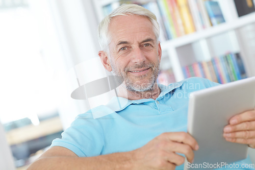 Image of Tablet, portrait or relax senior man doing internet, web or online website search while happy in home living room. Online shopping, digital tech or elderly person typing, check or scroll on ui screen