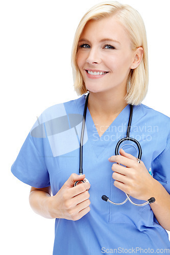 Image of Nurse, portrait and medical stethoscope on isolated white background in cardiovascular, lungs or heart wellness check. Smile, happy woman and face of healthcare worker, equipment or doctor consulting