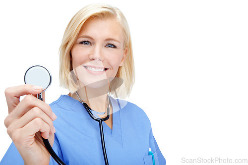 Image of Nurse, portrait and medical stethoscope check on isolated white background in cardiovascular, lungs or heart wellness. Smile, happy woman and face of healthcare worker, equipment or doctor consulting