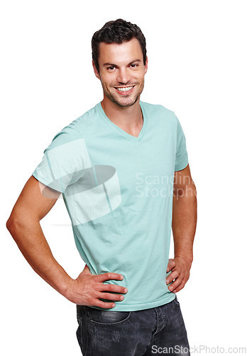 Image of Portrait, fashion or smile with a man model in studio isolated on a white background for marketing. Advertising, confidence or profile picture with a male on bank space for product branding or a logo