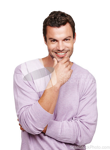 Image of Portrait, fashion and smile with a man model in studio isolated on a white background for marketing. Advertising, idea and profile picture with a male on bank space for product branding or a logo