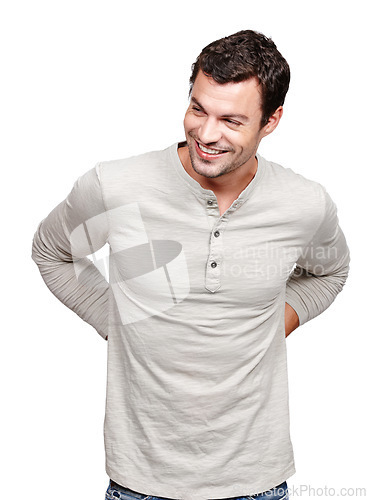 Image of Thinking, happy and smile with a man in studio isolated on a white background for branding or product placement. Idea, brand and logo with a handsome young male posing on blank marketing space