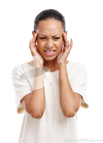 Image of Black woman, headache and stress or mental health depression, fatigue or tired isolated in white background. African girl, head pain and frustrated, overworked or burnout risk, frustration or anxiety