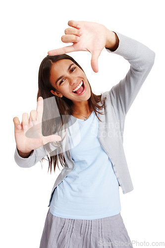 Image of Hands, frame and studio portrait of businesswoman isolated on white background for profile picture. Face, worker and finger framing for perspective, professional selfie or vision of happy inspiration