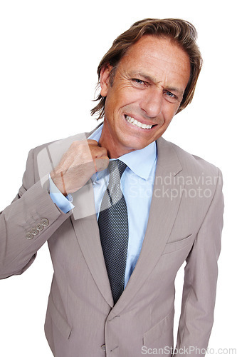 Image of Portrait, stress and hot with a business man in studio isolated on a white background looking worried or nervous. Anxiety, debt and fail with a male employee feeling bad on blank space for branding
