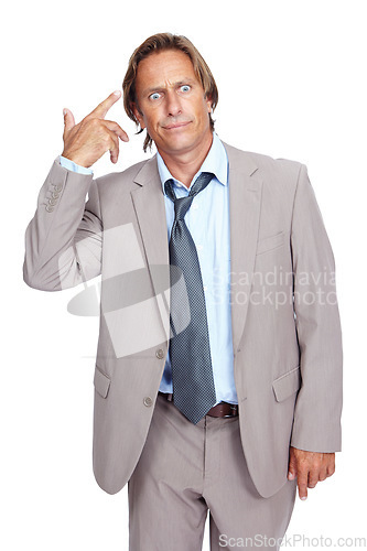 Image of Businessman, gun hand and head in studio with stress, annoyed and tired by white background. Senior corporate executive, isolated and comic hand sign while frustrated, overworked and anxious from job