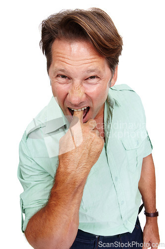 Image of Portrait, gross and nausea with a man model in studio isolated on a white background feeling ill or sick. Face, finger and mouth with a male standing on blank space in disgust or expressing turn off