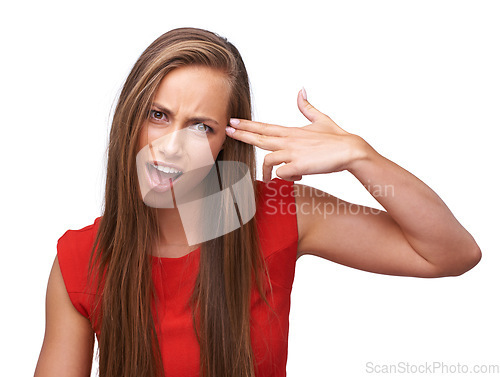 Image of Woman, studio portrait and gun hand to head with anger, crazy and annoyed by white background. Isolated model, comic and weapon sign to temple with mad face, mental health and clothes for fashion