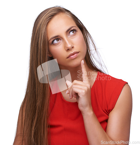 Image of Thinking, idea and mock up with a woman in red posing in studio isolated on a white background. Marketing, advertising and blank space with a female looking thoughtful in contemplation of ideas