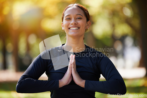 Image of Woman, portrait and namaste meditation at park, wellness and freedom of chakra energy, zen fitness or peace in Colombia. Happy girl, yoga exercise or praying in nature for mental health, hope or mind