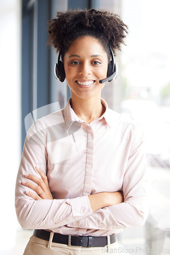Image of Call center, smile and portrait of black woman in customer service, telecom consultant and technical support. Happy female sales agent, advisory and telemarketing help for customer support questions