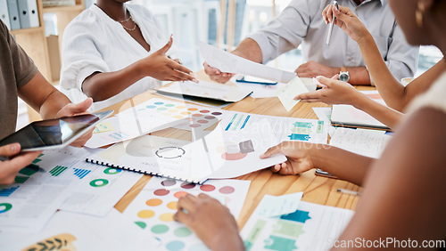 Image of Business people, hands and marketing documents in meeting in office. Teamwork, strategy and group of employees with paperwork, statistics and graphs for kpis, advertising and planning sales project.