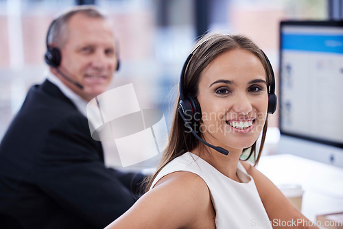 Image of Smile, call center and business team in telemarketing, virtual communication or support on computer, website or software technology. Contact us, crm and corporate woman, consultant or agency portrait