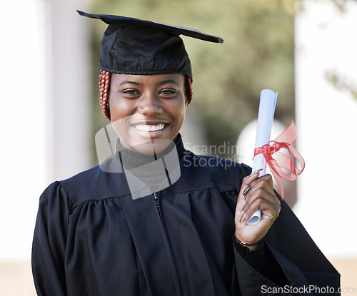 Image of Black woman, graduation certificate with university portrait, success and graduate with education and achievement. Student in graduation cap outdoor, motivation and future, happy woman with diploma