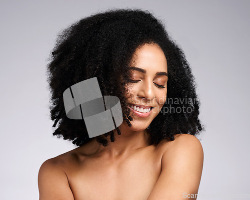 Image of African hair, afro and face of model happy with spa salon hair care, clean hair growth or shampoo healthy hair. Luxury healthcare, dermatology and aesthetic black woman with skincare cosmetics makeup