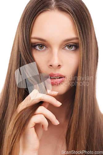 Image of Portrait, woman or hair care for shine, cosmetics or luxury salon treatment isolated on white studio background. Female, lady or healthy scalp grooming, wellness or natural care for beauty or texture