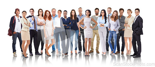 Image of People, diversity and standing with smile together for profile, team or unity against a white studio background. Portrait of a happy isolated group of diverse crowd smiling on white background