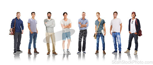 Image of Collage, portrait and diversity with a man model group in studio isolated on a white background for fashion, education or business. Marketing, advertising and men standing in line to promote a brand