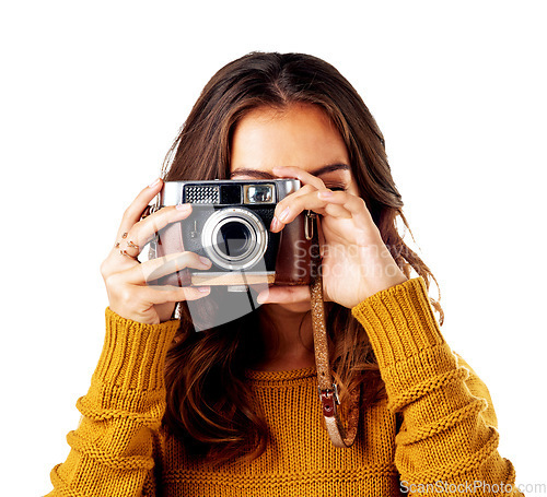 Image of Photographer woman, holding camera and studio for creativity, photoshoot and content by white background. Isolated creative, artist and retro technology for photo, picture and art for career vision