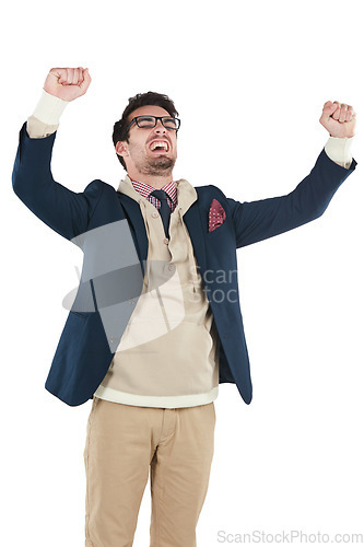 Image of Winner, success and champion with man and fist pump, celebration and bonus isolated on white background. Winning, happiness and excited about win with pride, celebrate and happy man with reward