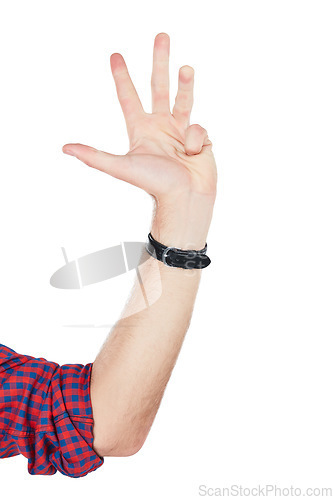 Image of Man, hands and number four sign closeup in studio for countdown, gesture or signal on white background. Hand, guy and communication with fingers for counting, signing or talking while isolated