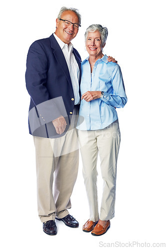 Image of Elderly, couple and happy with marriage in portrait, love and commitment isolated on white background. Old man, old woman and retirement with wellness, relationship and life partnership with care