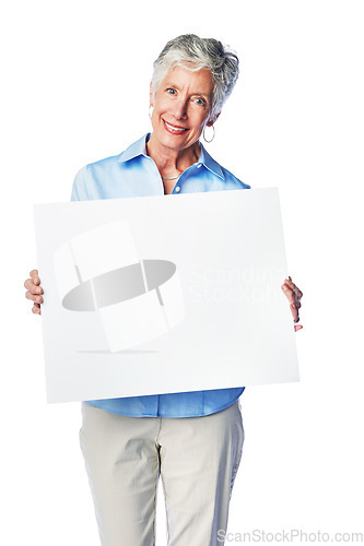 Image of Poster, portrait mockup and senior woman with marketing placard, advertising banner or product placement. Studio mock up, billboard promotion sign and happy sales model isolated on white background