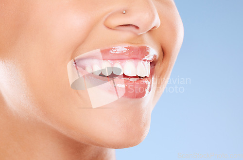 Image of Teeth, mouth and beauty with woman and smile, dental care and Invisalign with teeth whitening and lips against studio background. Face, healthy skin and veneers with cosmetic care and lip filler zoom