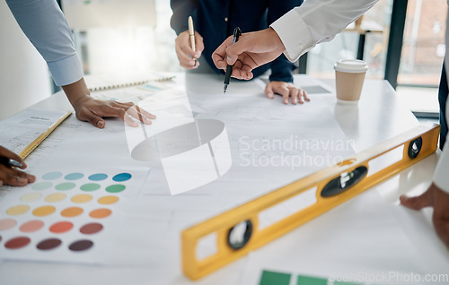 Image of Hands, building blueprint and architect teamwork, planning construction project and discussion. Collaboration, engineers and group of people with drawing, design and layout for architecture project.