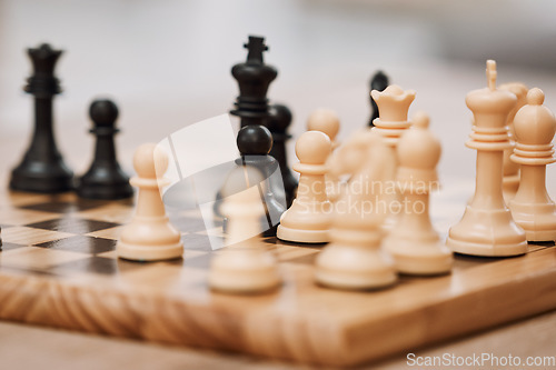 Image of Chessboard, knight and king in house, home living room or apartment for mind strategy contest, checkmate vision or learning challenge. Zoom, board games competition and problem solving pawn on table