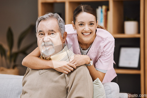 Image of Healthcare, support and nurse with a senior man for medical attention, consulting and nursing from a house. Trust, hug and portrait of a caregiver with support for an elderly patient in retirement