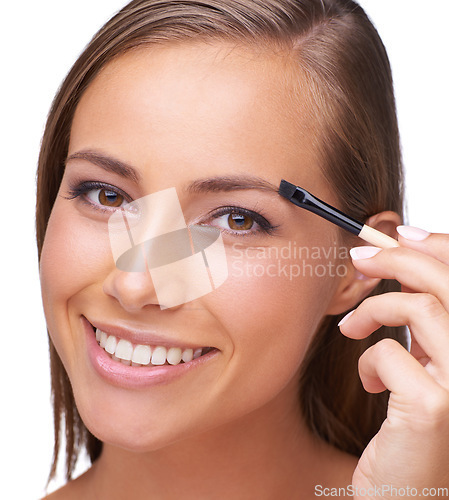 Image of Woman, face and makeup with beauty and microblading, mascara with eyebrow and lashes on white background. Portrait, smile and eyes with brush, cosmetic care and cosmetics tools with skincare closeup