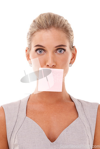 Image of Sticky note, studio and face portrait of woman with marketing space, advertising or product placement mockup. Business reminder mock up, silence and professional employee girl on white background