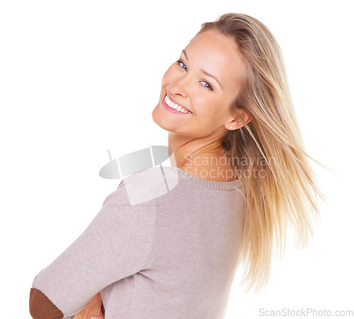 Image of Portrait, fashion and beauty with a woman in studio on a white background with mockup for product placement. Face, hair and blank space for marketing or advertising with an attractive young female