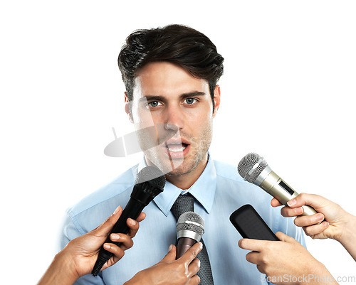 Image of Microphone, portrait and interview for business man, government worker or corporate speaker. Speech communication, reporter hands and news journalist question to politician on white background studio