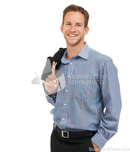 Image of Portrait, man and young working professional isolated in studio against a white background space. Face, entrepreneur and male worker confident, happy and relax while standing, proud and positive