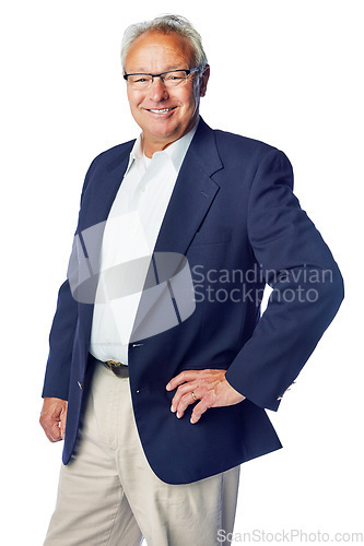 Image of Senior, happy and portrait of ceo man with confident, proud and joyful smile in isolated studio. Corporate, mature and businessman pose with confidence in career mindset on white background.