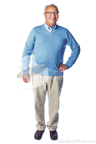 Image of Senior man, smile in portrait with retirement, life insurance and glasses with mockup isolated on white background. Pensioner, happy old man and positive mindset with vitality, elderly and wellness