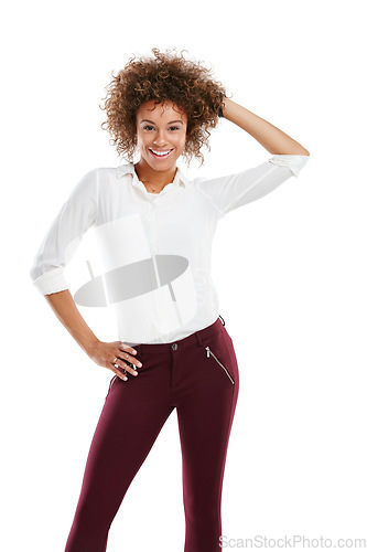 Image of Portrait, fashion and mock up with a model black woman in studio isolated on a white background for advertising. Marketing, branding and style with an attractive young female posing on blank space