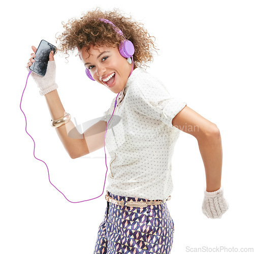 Image of Black woman, phone and dancing to fun music, podcast or radio against a white studio background. Portrait of isolated happy African American female dancer listening to audio track on white background