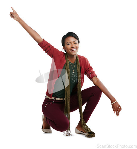 Image of Trendy, cool and portrait of a black woman with a dance isolated on white background in a studio. Fashion, stylish and dancing African girl with freedom, smile and celebration on a studio background