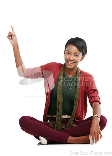 Image of Black woman, portrait and pointing at promotion mockup, isolated marketing space or advertising mock up. Smile, happy model and showing hands gesture for cool fashion sales on white background mockup