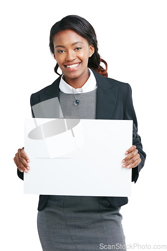 Image of Black woman, business poster and space mockup for advertising logo, brand and promotion in studio. Happy female with banner or billboard isolated on a white background for marketing branding sign