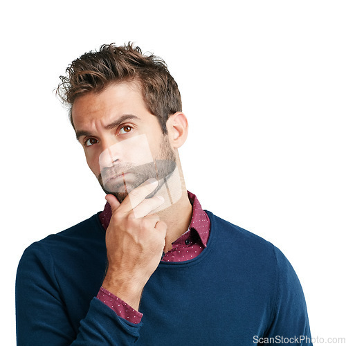 Image of Thinking, portrait and businessman in studio for creative, vision and strategy on white background. Face, planning and young, handsome man with motivation for startup, business idea and isolated