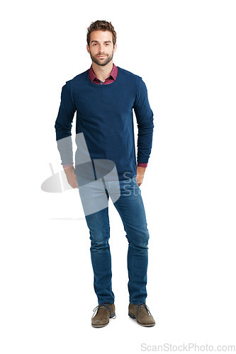 Image of Man, casual fashion and portrait of a model standing with cool look and smile. White background, isolated and person in a studio with mock up space alone looking positive and relax with style