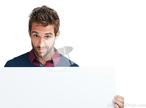 Image of Portrait, marketing or business man with mockup space board for product, advertising or branding poster in studio. Model, smile or businessman with banner, billboard news or logo in white background