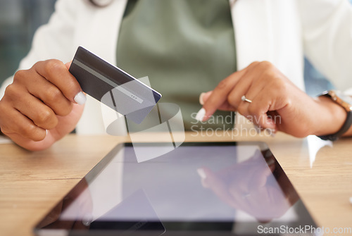 Image of Credit card in hands, tablet and mockup for ecommerce marketing, online shopping and banking online. Black woman customer with retail, internet and digital payment with branding and advertising.