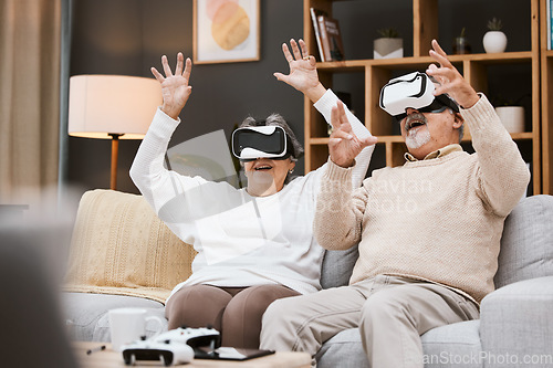 Image of Gaming, virtual reality and senior couple with headset play online game with VR, technology and smile. Future, elderly woman and happy man in home watching futuristic augmented reality video on sofa.