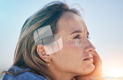 Image of Thinking woman, stress face or depression in nature environment or climate change vision, ideas or innovation. Zoom, mental health or anxiety mind burnout for person by beach in global warming crisis